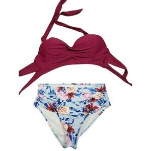 Floral High-Waisted Bikini Set With Burgundy Bow-Tie Top Large‎ NWOT